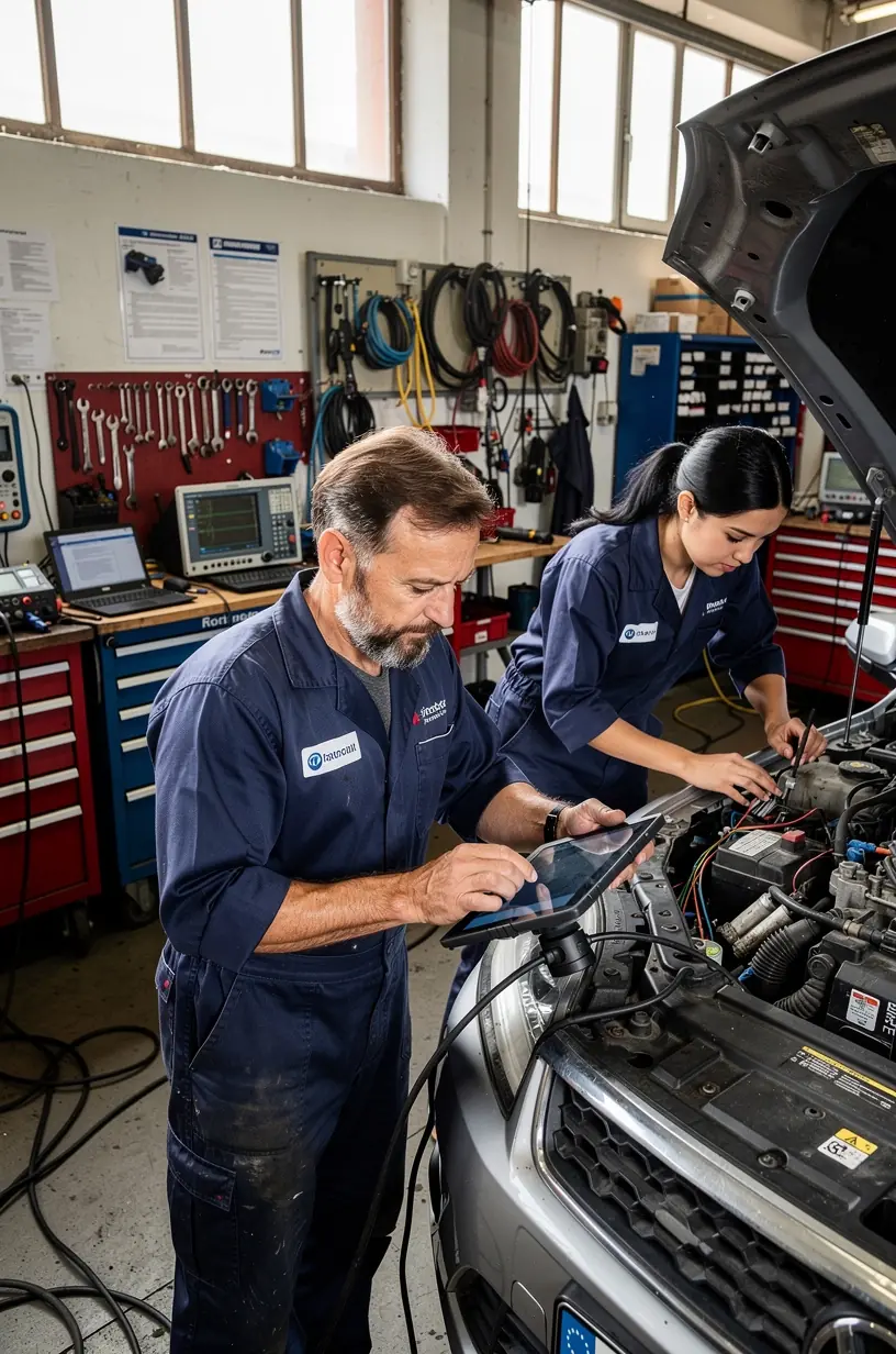 Techniker überprüft Bordelektronik eines Autos mit spezialisiertem Diagnosegerät in der Werkstatt.